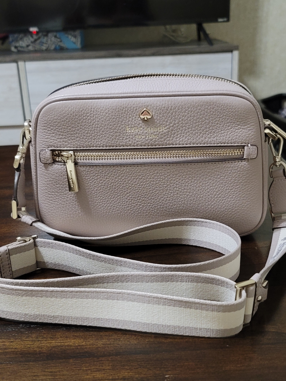 kate spade Lilac Pebbled Leather Crossbody Bag with Striped Strap